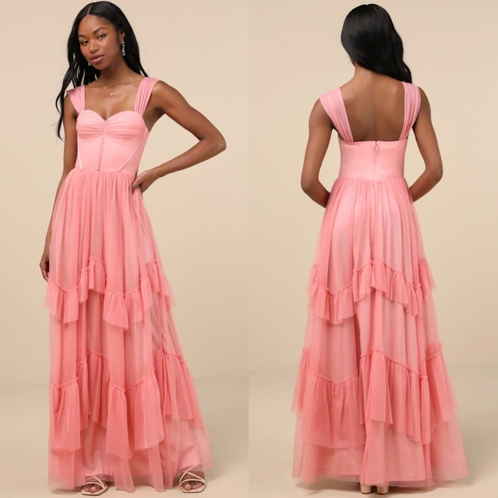 Lulus Stunning Personality Pink Mesh Off-the-Shoulder Maxi Dress S Wedding Party